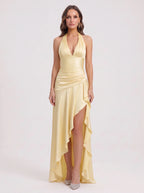 Cascara Halter Maxi Dress – Satin Ruched Evening Women Formal Wedding Guest Party Halter Neck Maxi Dress