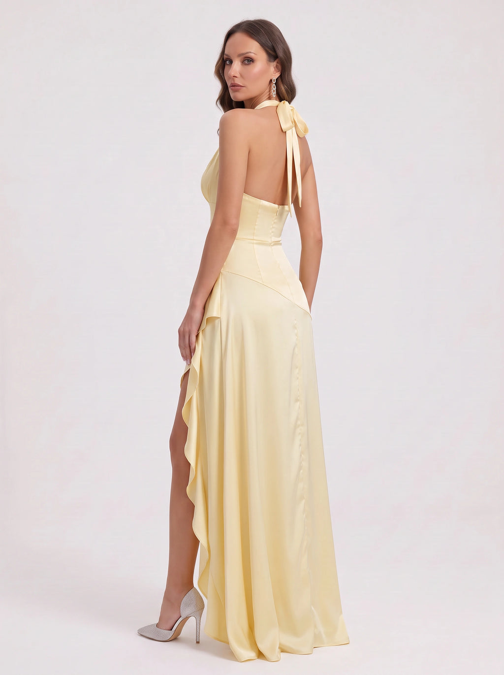 Cascara Halter Maxi Dress – Satin Ruched Evening Women Formal Wedding Guest Party Halter Neck Maxi Dress