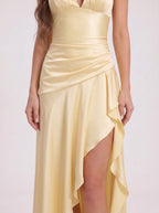 Cascara Halter Maxi Dress – Satin Ruched Evening Women Formal Wedding Guest Party Halter Neck Maxi Dress
