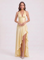 Cascara Halter Maxi Dress – Satin Ruched Evening Women Formal Wedding Guest Party Halter Neck Maxi Dress