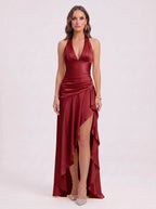 Cascara Halter Maxi Dress – Satin Ruched Evening Women Formal Wedding Guest Party Halter Neck Maxi Dress