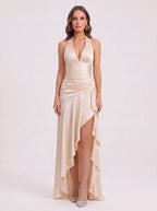 Cascara Halter Maxi Dress – Satin Ruched Evening Women Formal Wedding Guest Party Halter Neck Maxi Dress