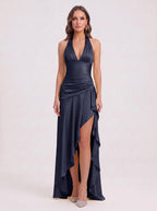 Cascara Halter Maxi Dress – Satin Ruched Evening Women Formal Wedding Guest Party Halter Neck Maxi Dress