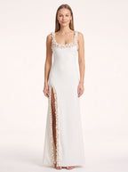 Petrime Appliqué Slit Maxi Dress – Embellished Formal Evening Women Wedding Guest Bridesmaid Maxi Dress