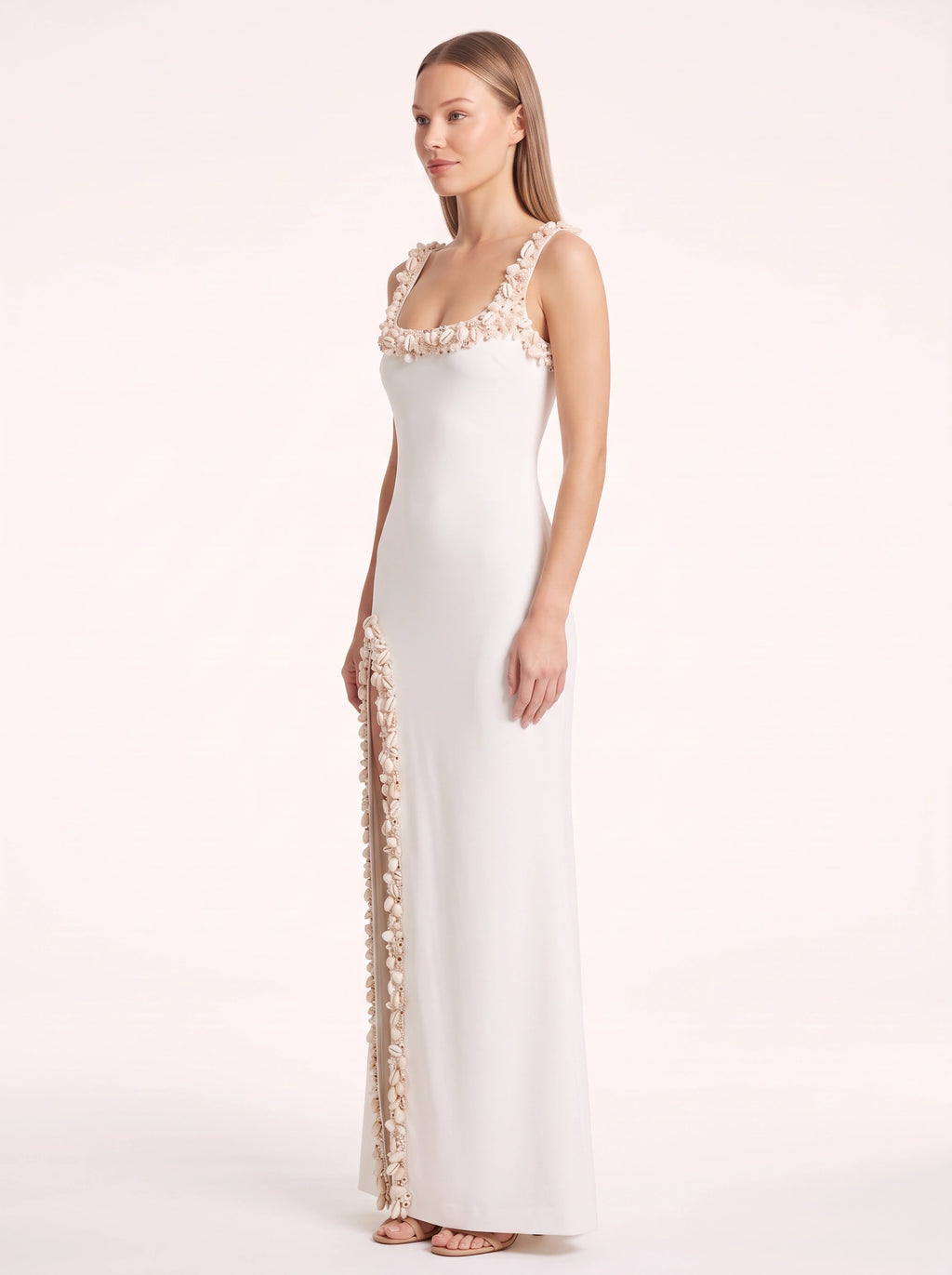 Petrime Appliqué Slit Maxi Dress – Embellished Formal Evening Women Wedding Guest Bridesmaid Maxi Dress