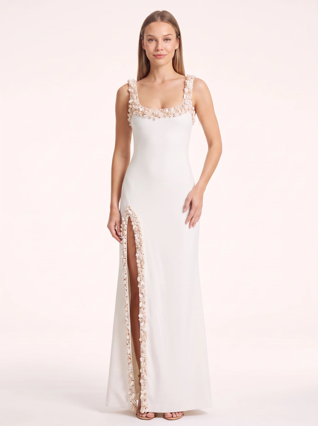 Petrime Appliqué Slit Maxi Dress – Embellished Formal Evening Women Wedding Guest Bridesmaid Maxi Dress