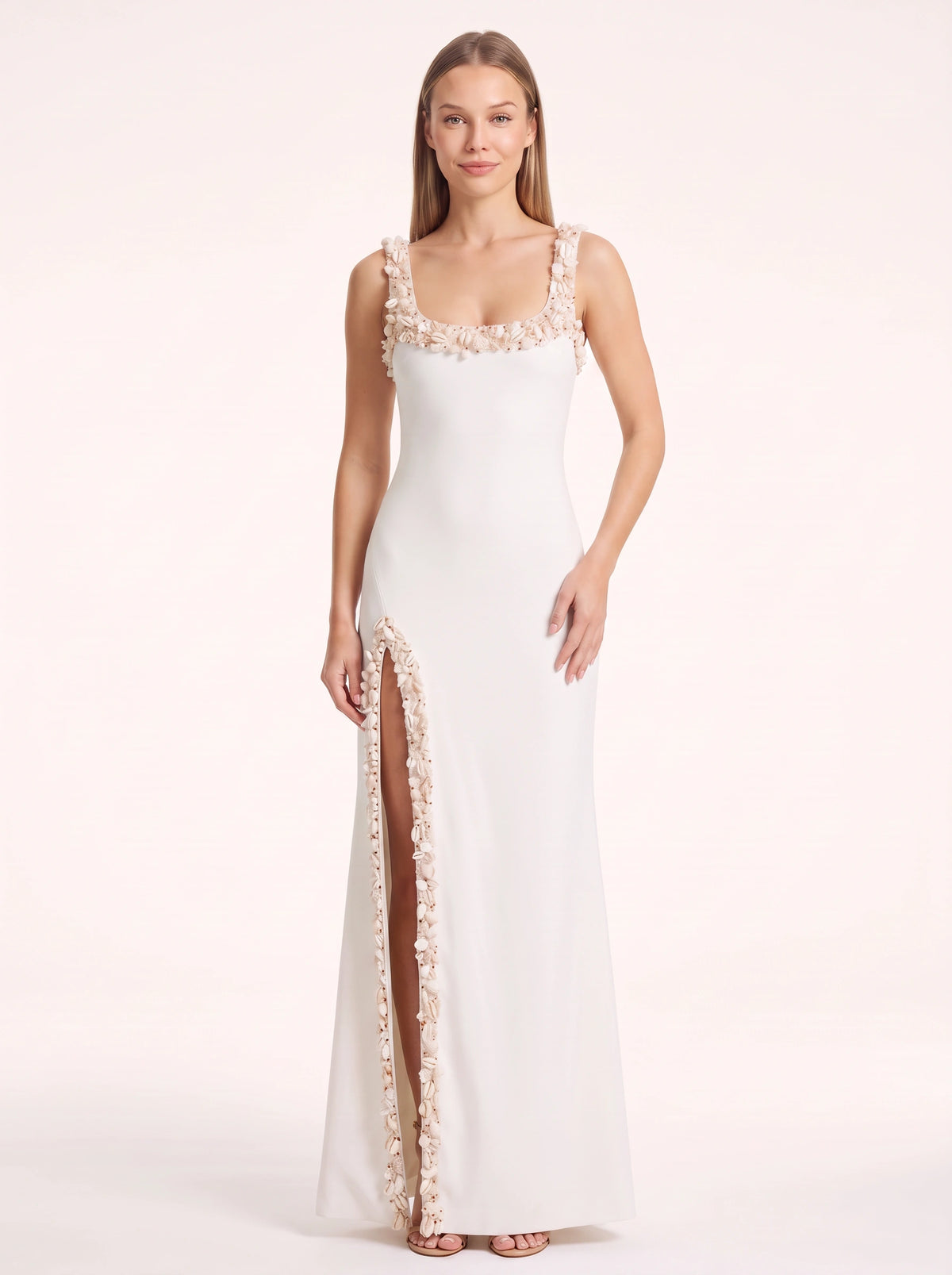 Petrime Appliqué Slit Maxi Dress – Embellished Formal Evening Women Wedding Guest Bridesmaid Maxi Dress
