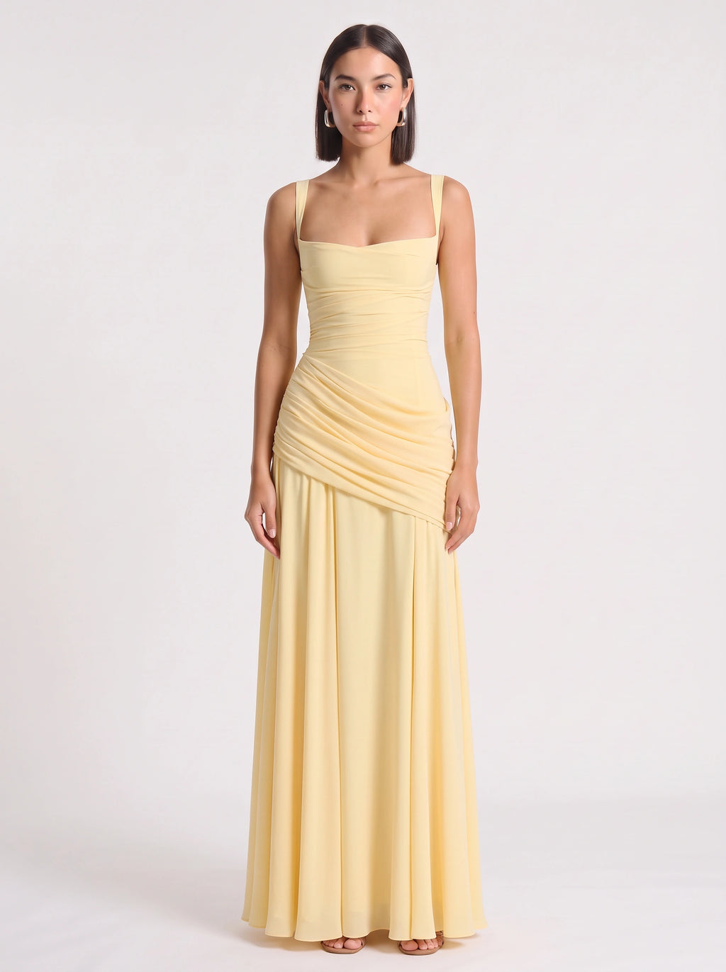 Diagonya Ruched Square-Neck Maxi Dress – Women Formal Wedding Guest Evening Party Elegant Maxi Dress