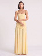 Diagonya Ruched Square-Neck Maxi Dress – Women Formal Wedding Guest Evening Party Elegant Maxi Dress