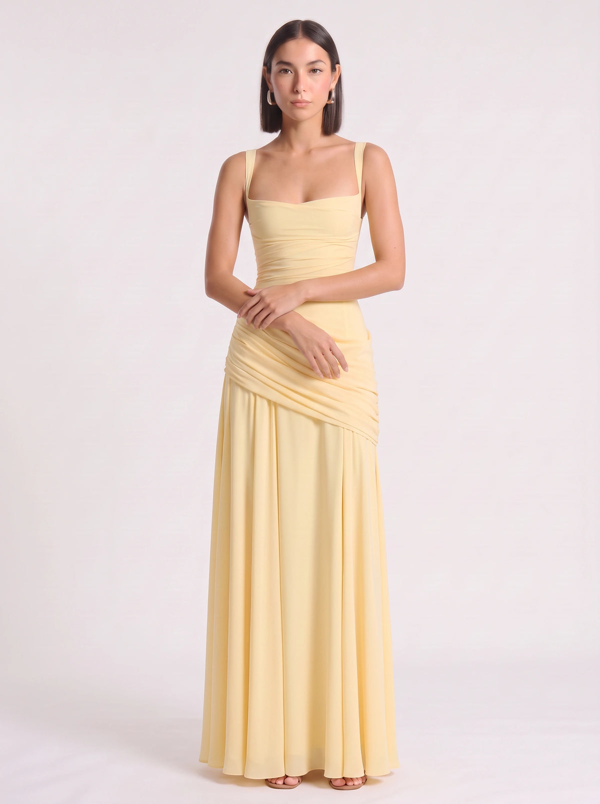 Diagonya Ruched Square-Neck Maxi Dress – Women Formal Wedding Guest Evening Party Elegant Maxi Dress