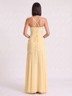 Diagonya Ruched Square-Neck Maxi Dress – Women Formal Wedding Guest Evening Party Elegant Maxi Dress
