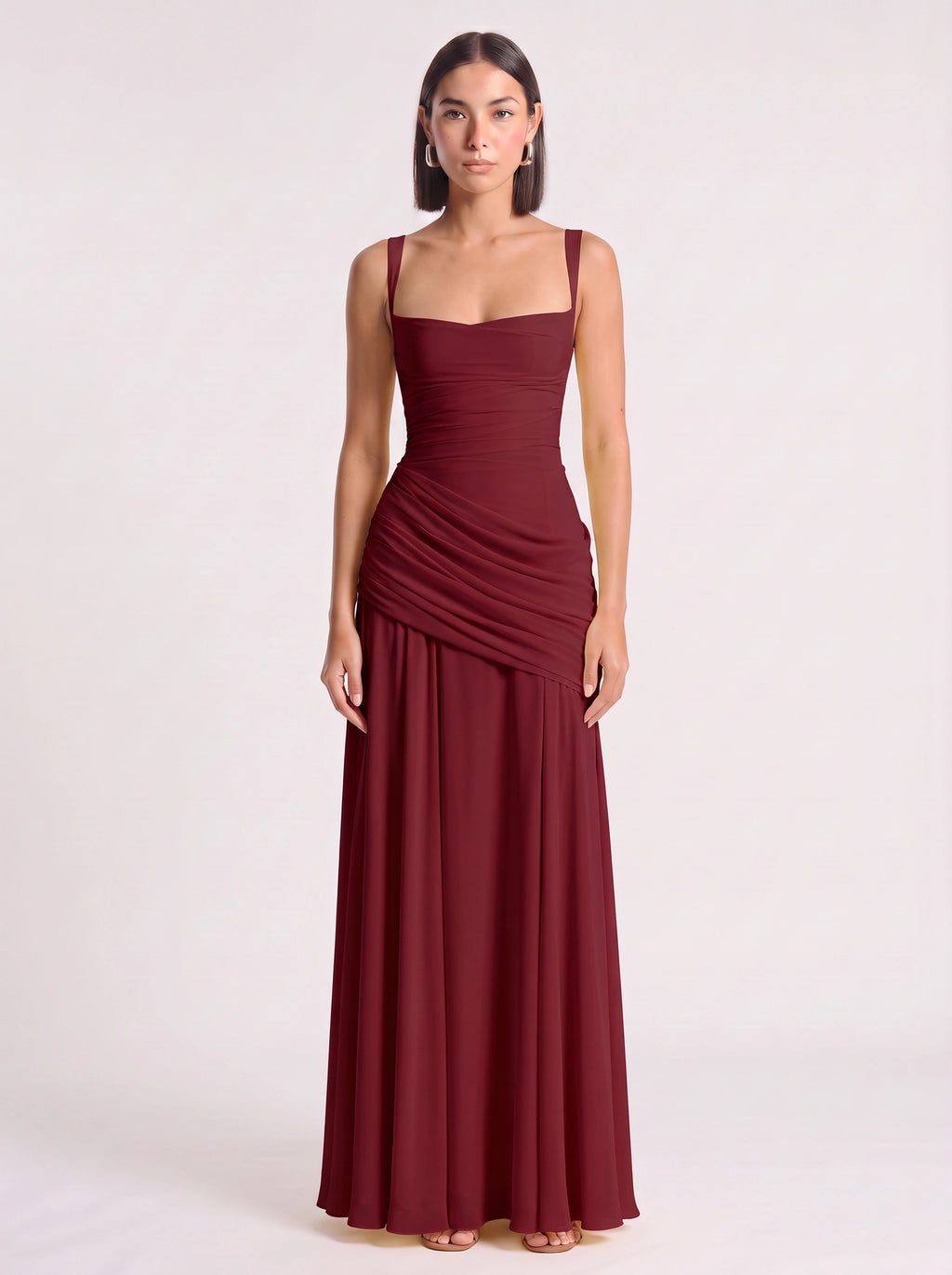 Diagonya Ruched Square-Neck Maxi Dress – Women Formal Wedding Guest Evening Party Elegant Maxi Dress