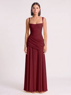 Diagonya Ruched Square-Neck Maxi Dress – Women Formal Wedding Guest Evening Party Elegant Maxi Dress