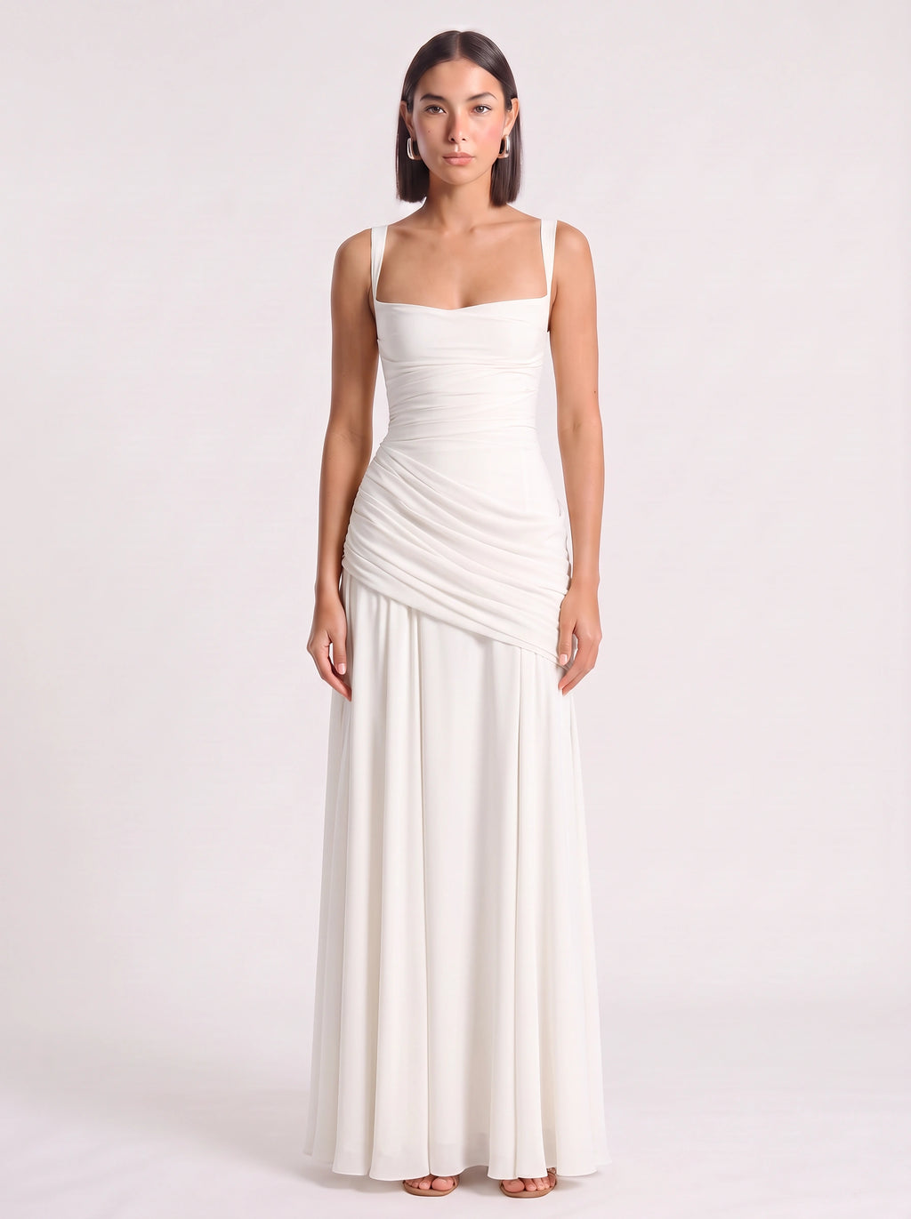 Diagonya Ruched Square-Neck Maxi Dress – Women Formal Wedding Guest Evening Party Elegant Maxi Dress