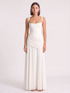 Diagonya Ruched Square-Neck Maxi Dress – Women Formal Wedding Guest Evening Party Elegant Maxi Dress