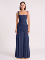 Diagonya Ruched Square-Neck Maxi Dress – Women Formal Wedding Guest Evening Party Elegant Maxi Dress