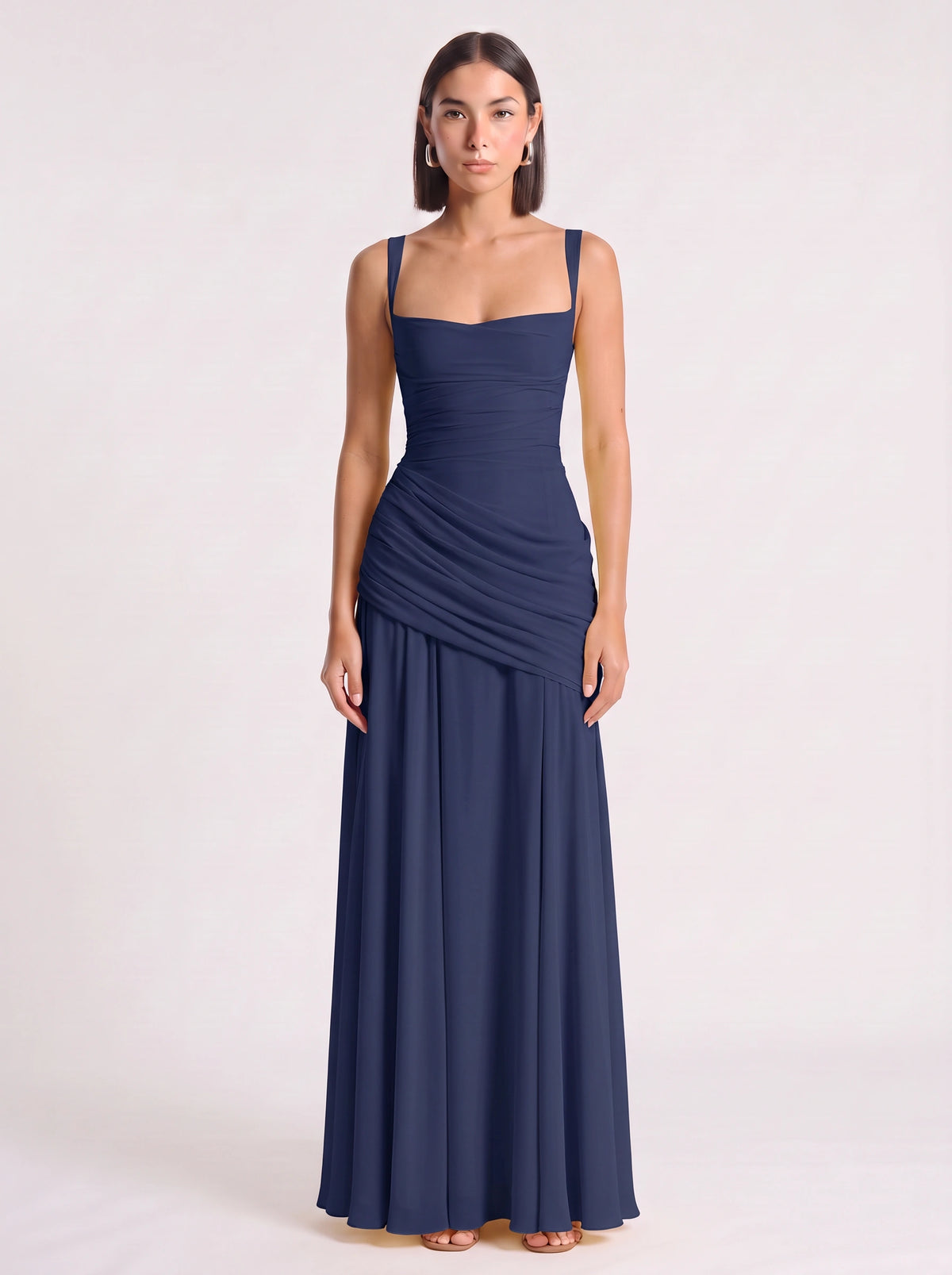 Diagonya Ruched Square-Neck Maxi Dress – Women Formal Wedding Guest Evening Party Elegant Maxi Dress
