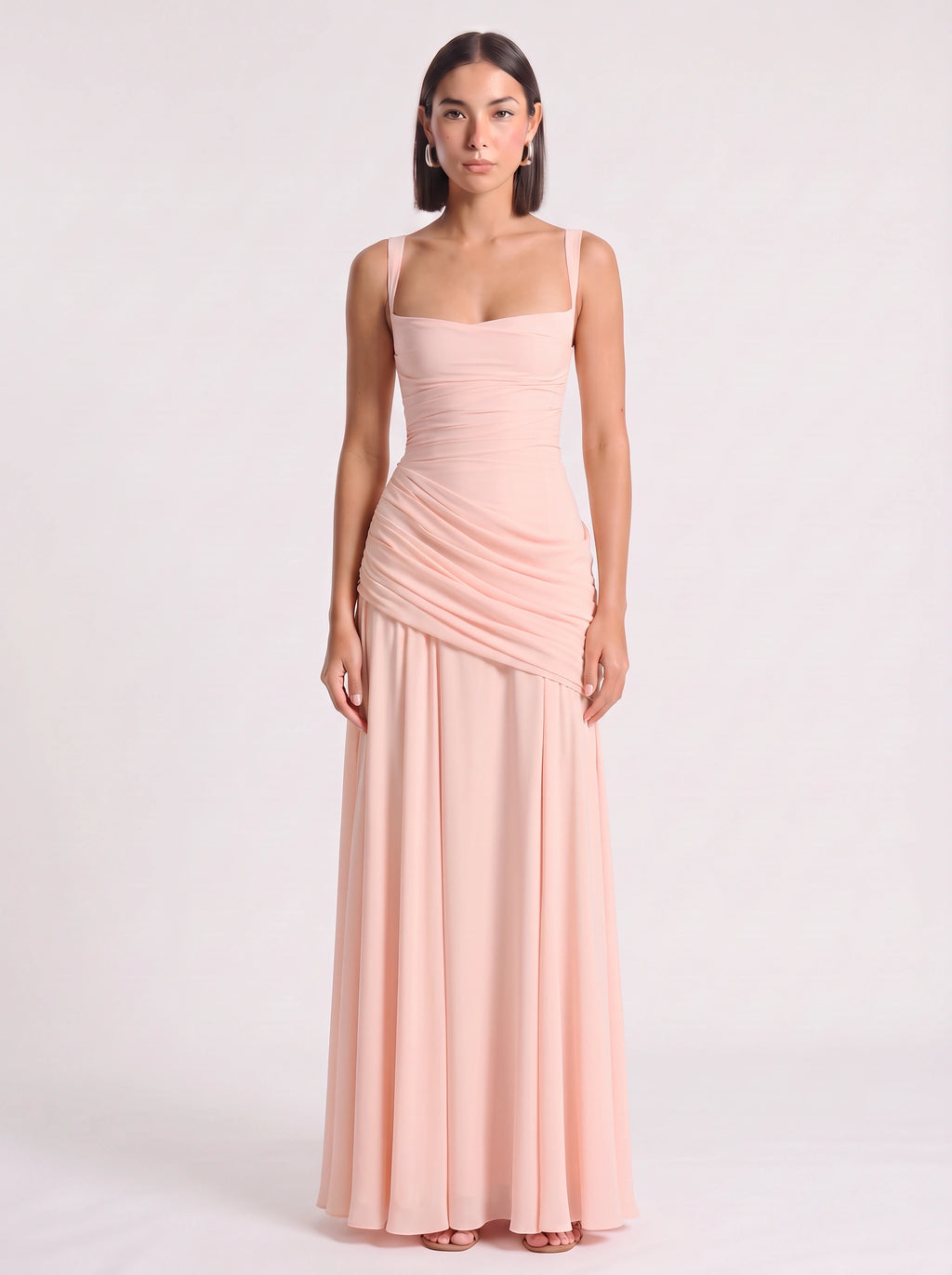 Diagonya Ruched Square-Neck Maxi Dress – Women Formal Wedding Guest Evening Party Elegant Maxi Dress