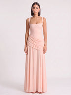 Diagonya Ruched Square-Neck Maxi Dress – Women Formal Wedding Guest Evening Party Elegant Maxi Dress