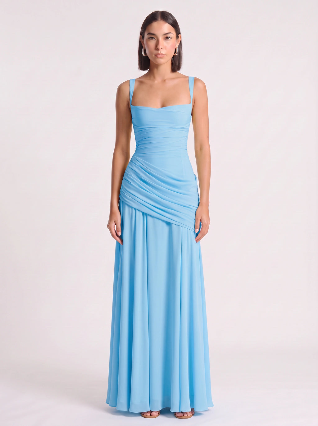 Diagonya Ruched Square-Neck Maxi Dress – Women Formal Wedding Guest Evening Party Elegant Maxi Dress