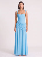 Diagonya Ruched Square-Neck Maxi Dress – Women Formal Wedding Guest Evening Party Elegant Maxi Dress