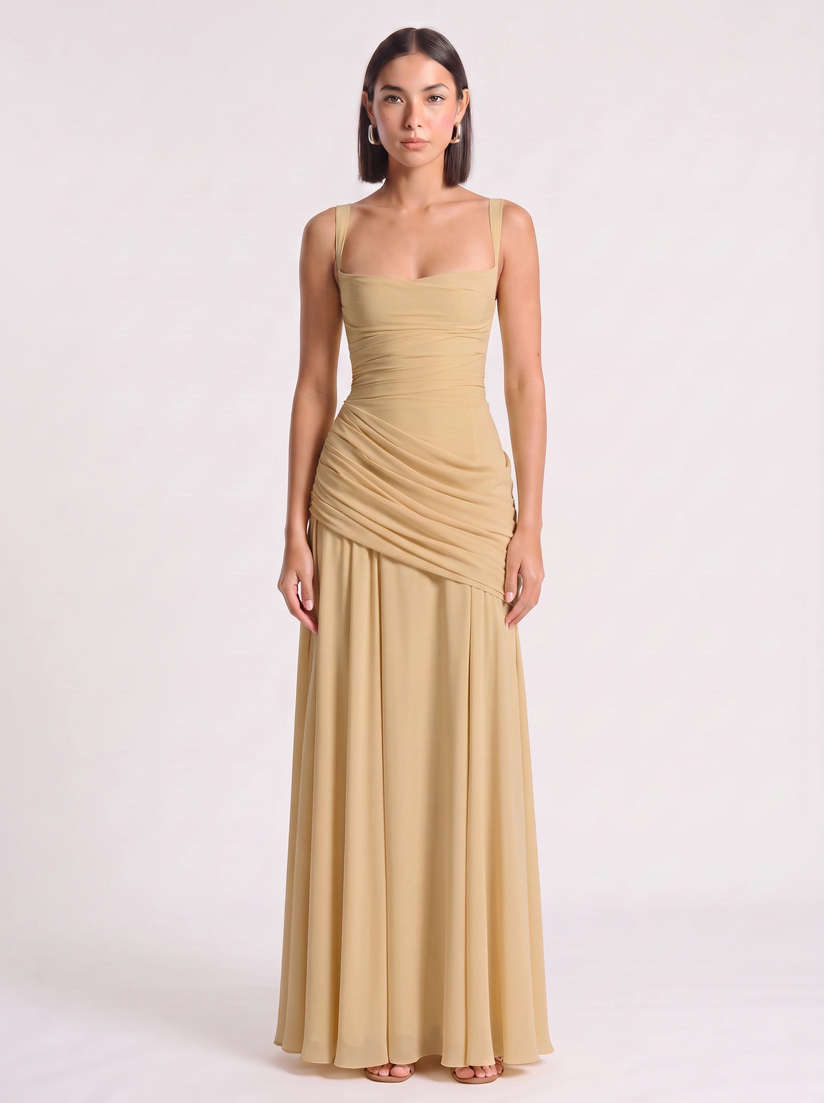 Diagonya Ruched Square-Neck Maxi Dress – Women Formal Wedding Guest Evening Party Elegant Maxi Dress