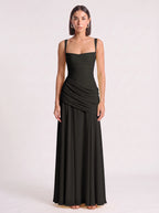 Diagonya Ruched Square-Neck Maxi Dress – Women Formal Wedding Guest Evening Party Elegant Maxi Dress