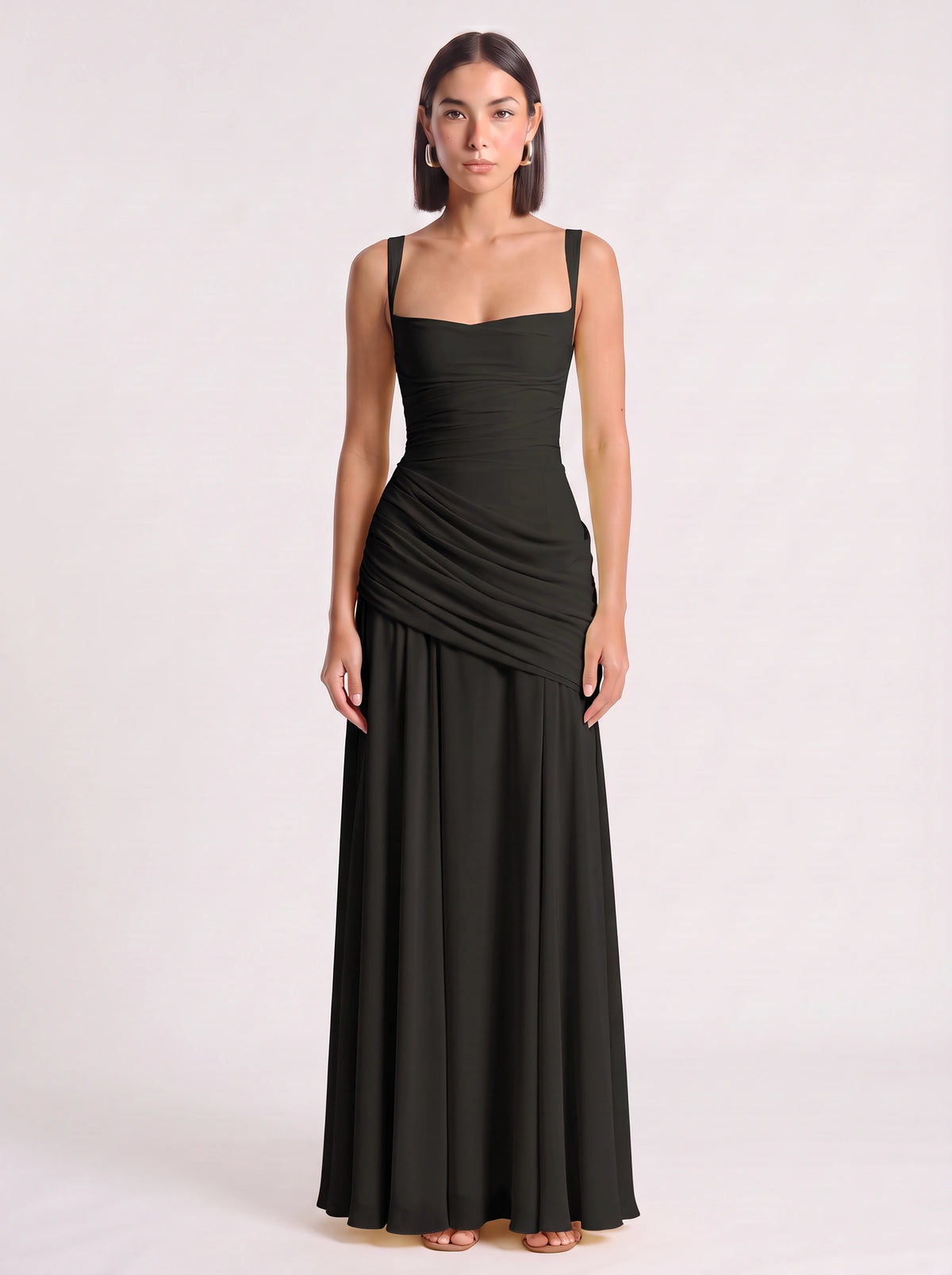 Diagonya Ruched Square-Neck Maxi Dress – Women Formal Wedding Guest Evening Party Elegant Maxi Dress