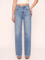 Frawdje Wide-Leg Straight Jeans – Frayed Hem Women Casual Denim High-Waist Relaxed Fit Straight Leg Jeans