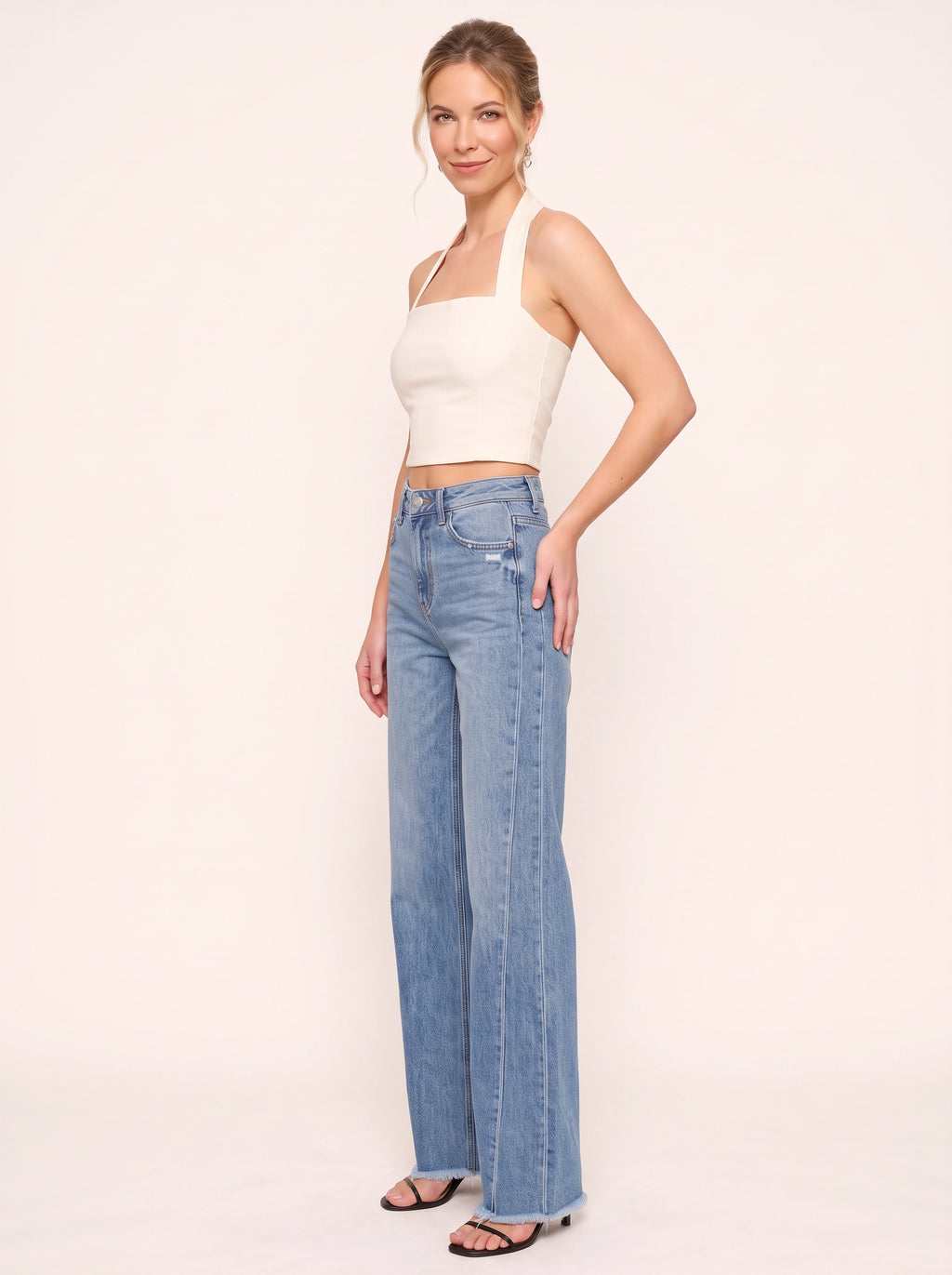 Frawdje Wide-Leg Straight Jeans – Frayed Hem Women Casual Denim High-Waist Relaxed Fit Straight Leg Jeans