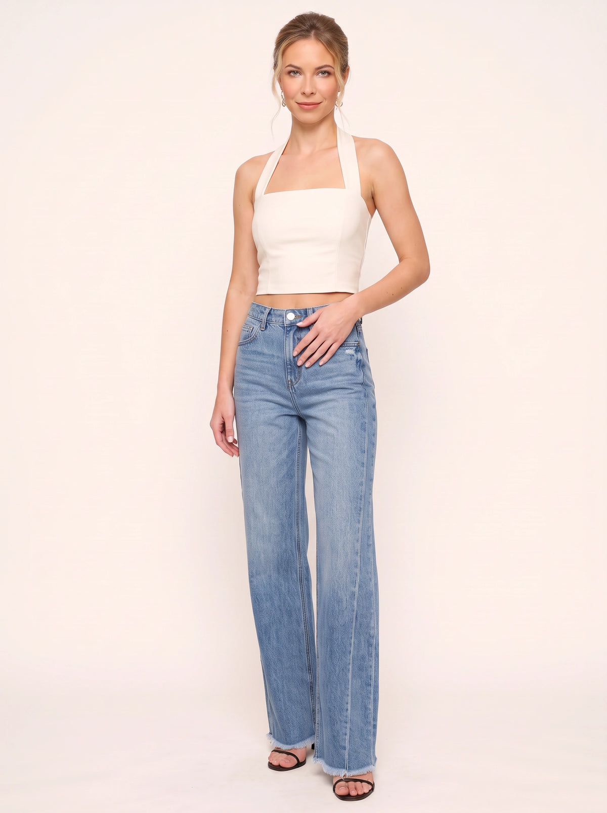 Frawdje Wide-Leg Straight Jeans – Frayed Hem Women Casual Denim High-Waist Relaxed Fit Straight Leg Jeans