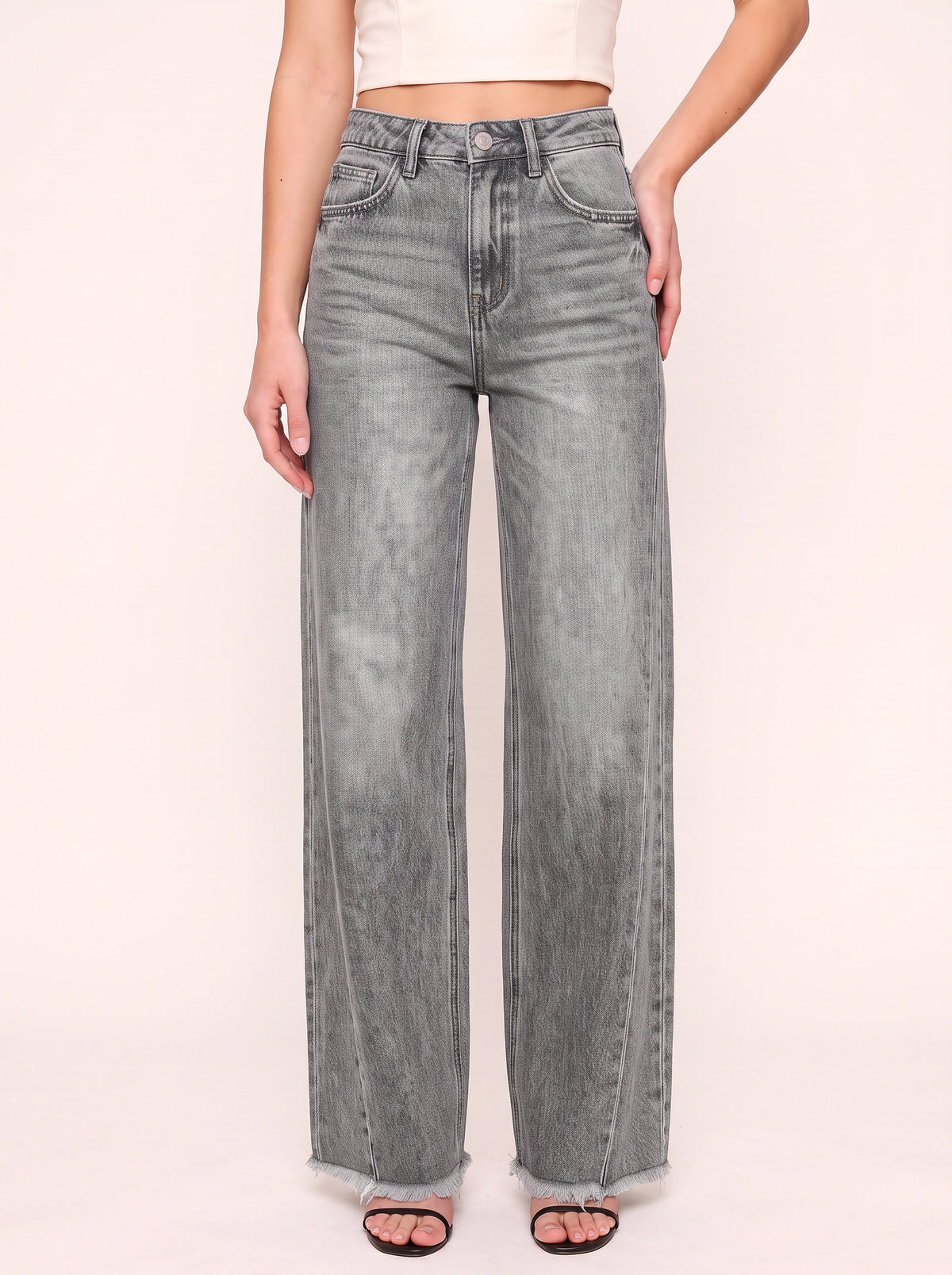 Frawdje Wide-Leg Straight Jeans – Frayed Hem Women Casual Denim High-Waist Relaxed Fit Straight Leg Jeans