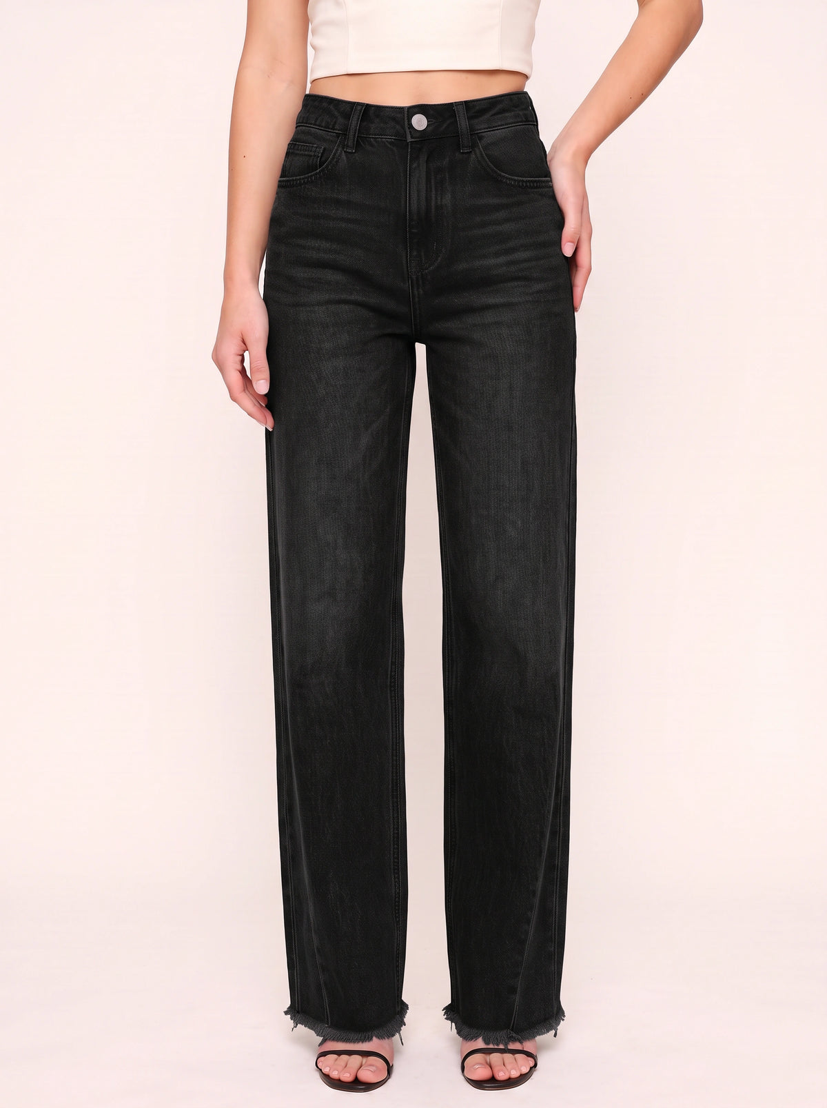 Frawdje Wide-Leg Straight Jeans – Frayed Hem Women Casual Denim High-Waist Relaxed Fit Straight Leg Jeans