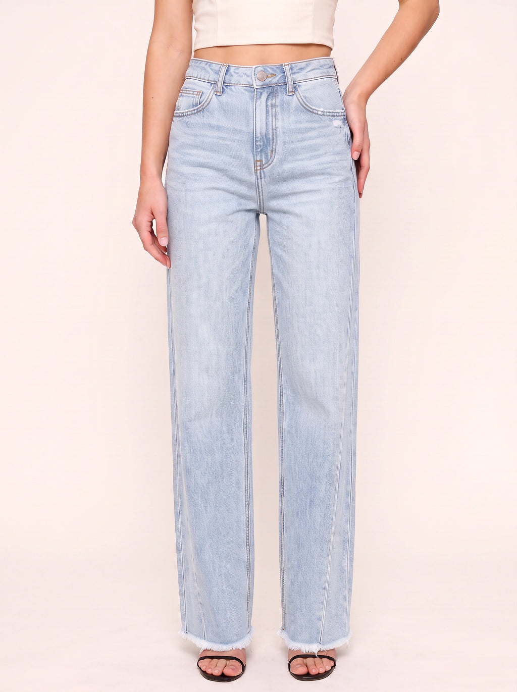 Frawdje Wide-Leg Straight Jeans – Frayed Hem Women Casual Denim High-Waist Relaxed Fit Straight Leg Jeans