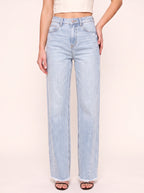 Frawdje Wide-Leg Straight Jeans – Frayed Hem Women Casual Denim High-Waist Relaxed Fit Straight Leg Jeans
