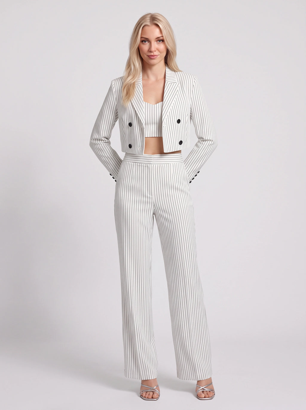 Cropline Cropped Pinstripe Blazer Trouser Set – Women Office Formal Work Tailored Wide-Leg Co-Ord