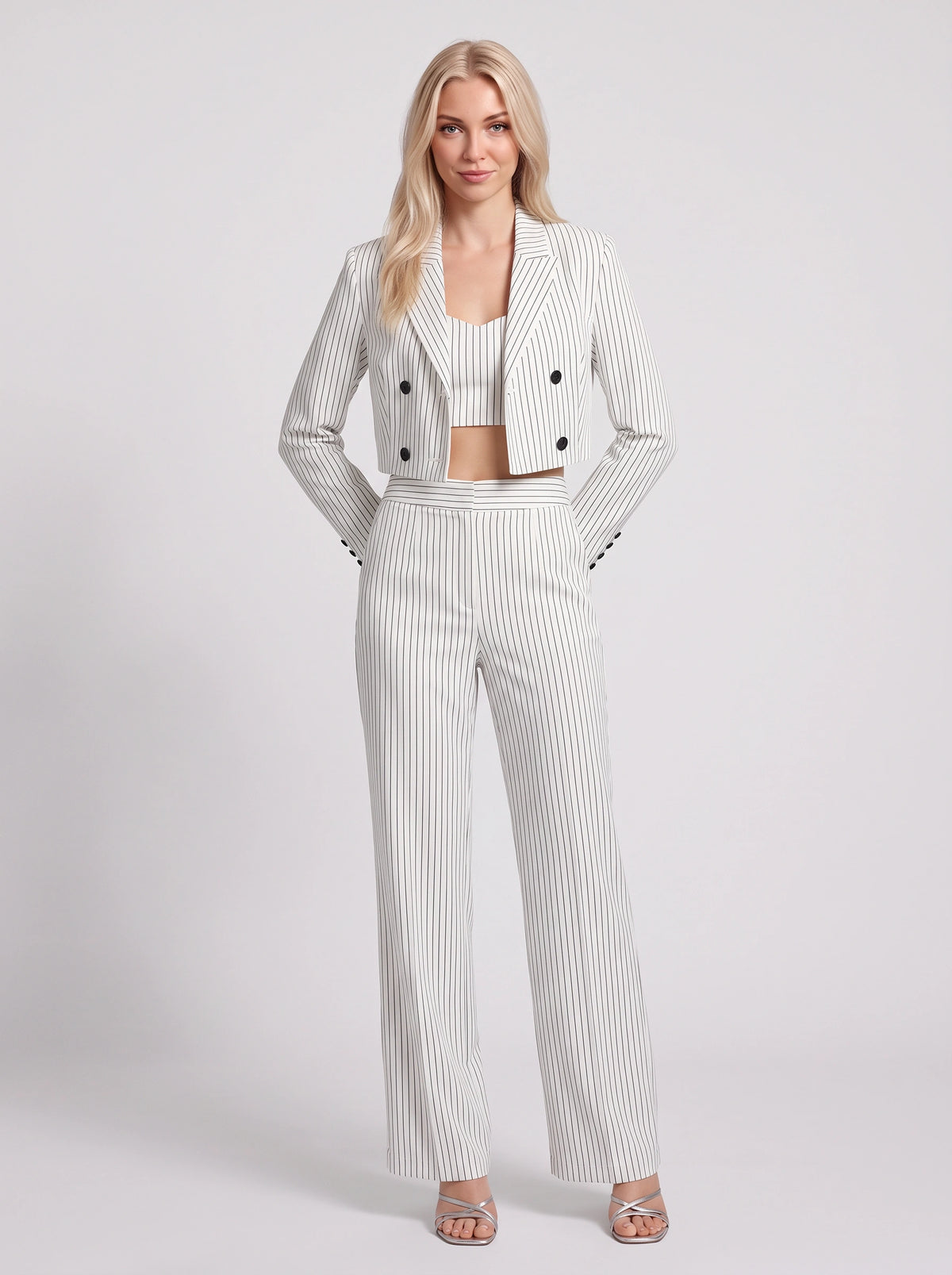 Cropline Cropped Pinstripe Blazer Trouser Set – Women Office Formal Work Tailored Wide-Leg Co-Ord
