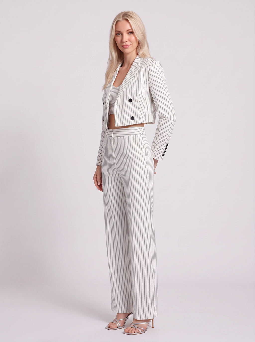 Cropline Cropped Pinstripe Blazer Trouser Set – Women Office Formal Work Tailored Wide-Leg Co-Ord