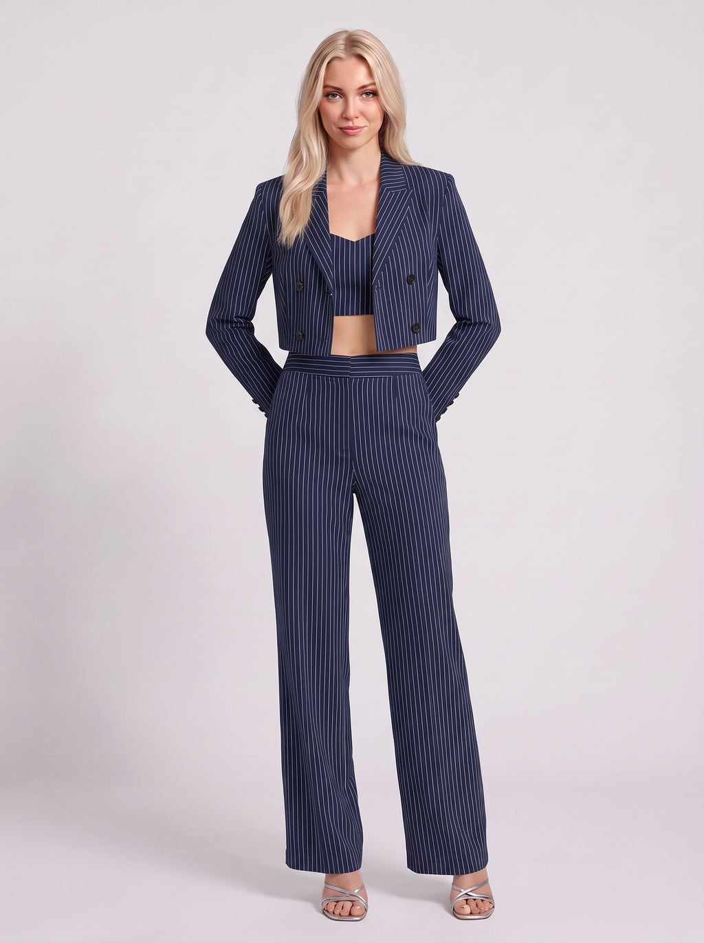 Cropline Cropped Pinstripe Blazer Trouser Set – Women Office Formal Work Tailored Wide-Leg Co-Ord