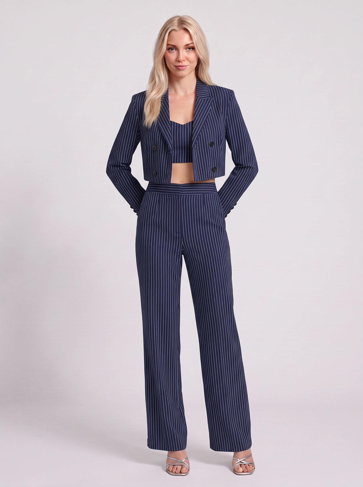 Cropline Cropped Pinstripe Blazer Trouser Set – Women Office Formal Work Tailored Wide-Leg Co-Ord