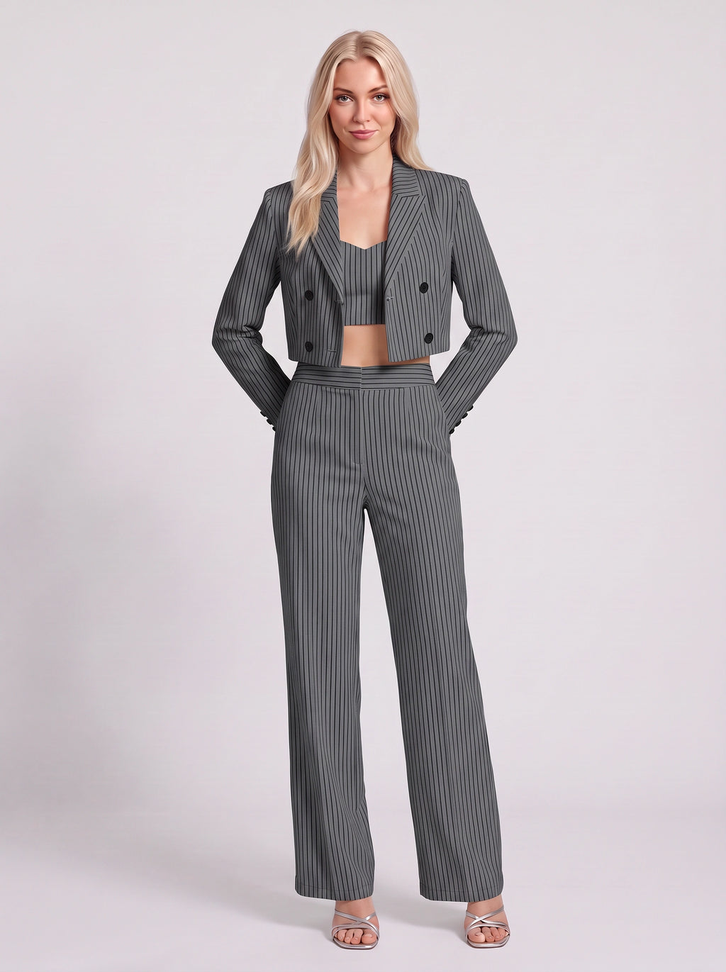 Cropline Cropped Pinstripe Blazer Trouser Set – Women Office Formal Work Tailored Wide-Leg Co-Ord