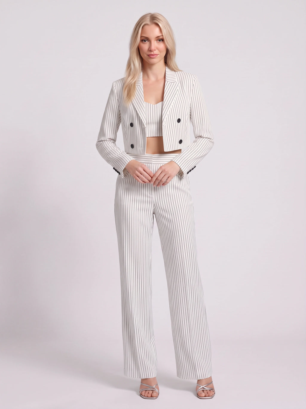 Cropline Cropped Pinstripe Blazer Trouser Set – Women Office Formal Work Tailored Wide-Leg Co-Ord