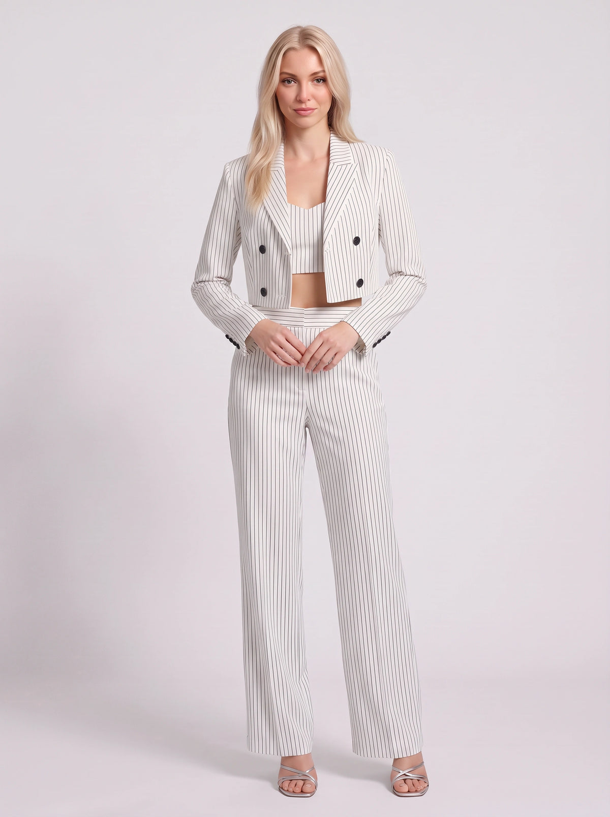 Cropline Cropped Pinstripe Blazer Trouser Set – Women Office Formal Work Tailored Wide-Leg Co-Ord