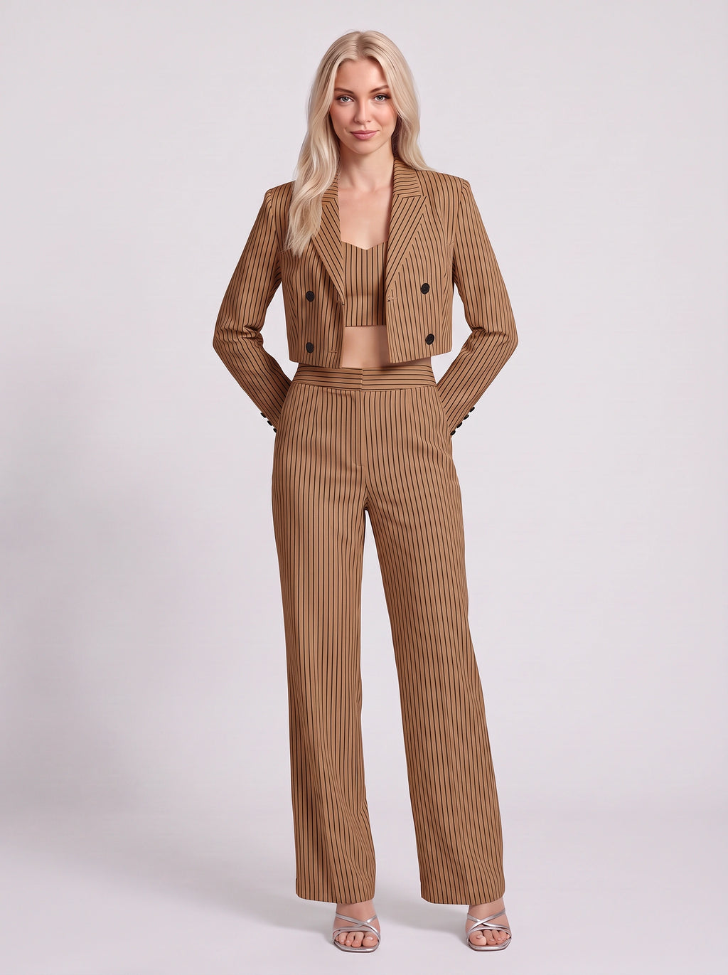 Cropline Cropped Pinstripe Blazer Trouser Set – Women Office Formal Work Tailored Wide-Leg Co-Ord
