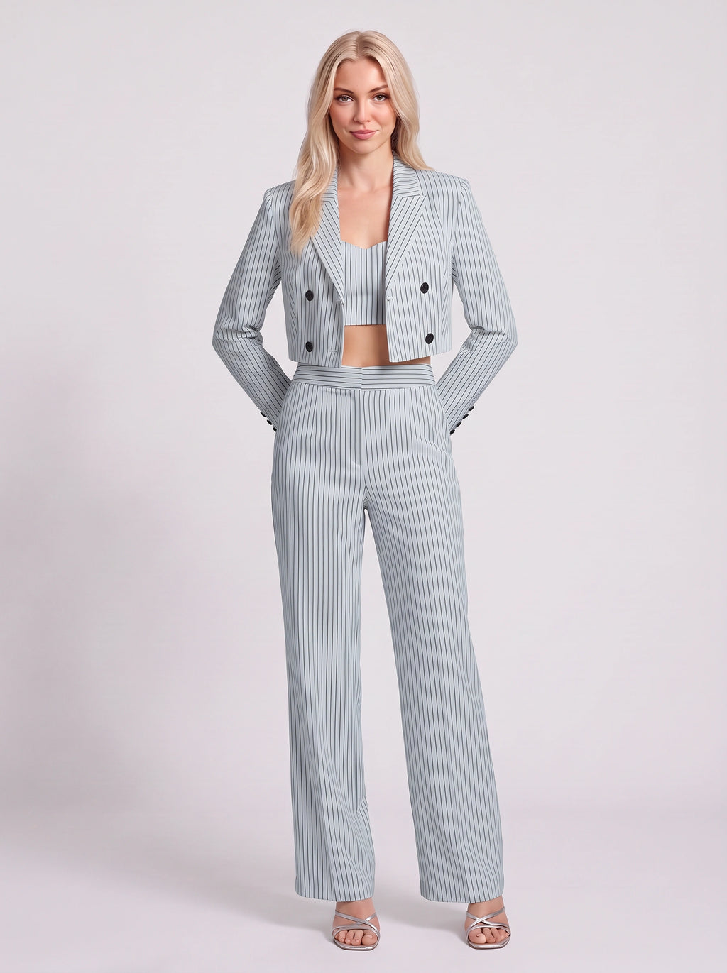 Cropline Cropped Pinstripe Blazer Trouser Set – Women Office Formal Work Tailored Wide-Leg Co-Ord