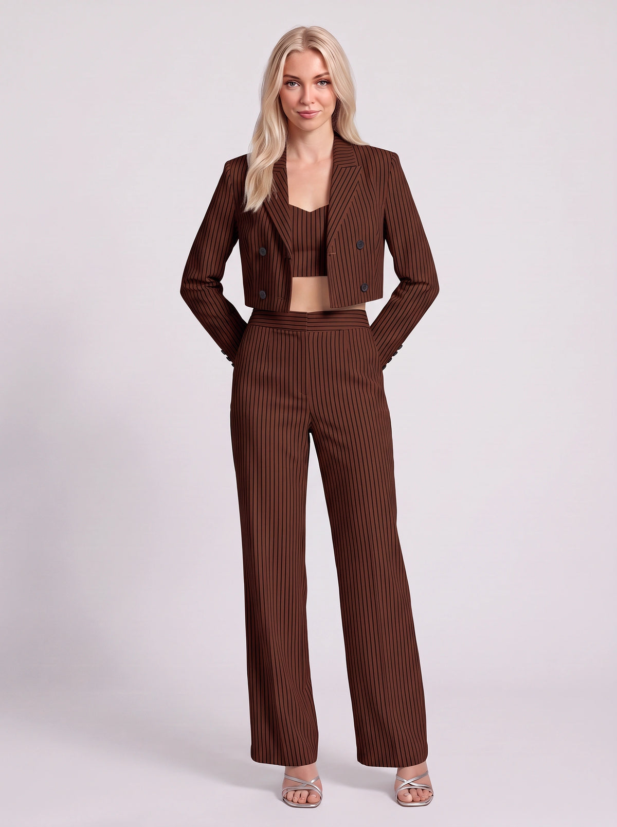 Cropline Cropped Pinstripe Blazer Trouser Set – Women Office Formal Work Tailored Wide-Leg Co-Ord