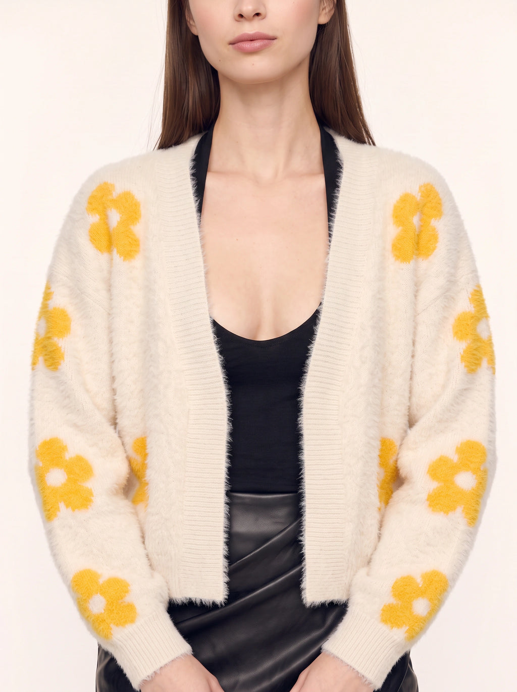 Frayma Floral Fuzzy Open Front Cardigan – Women Oversized Knit Winter Fall Casual Lounge Cardigan