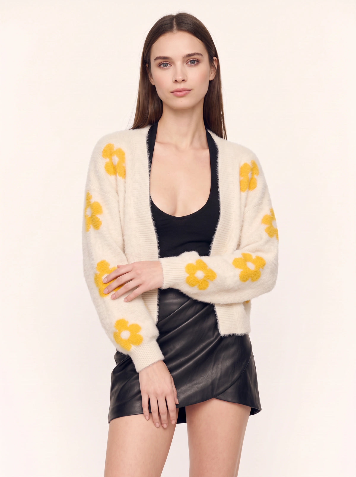 Frayma Floral Fuzzy Open Front Cardigan – Women Oversized Knit Winter Fall Casual Lounge Cardigan