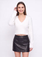 Fraythe Fluffy V-Neck Crop Jumper – Cashmere Feel Women Sweater Cropped Long Sleeve Knit Top