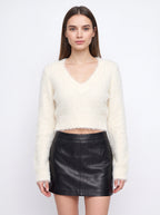 Fraythe Fluffy V-Neck Crop Jumper – Cashmere Feel Women Sweater Cropped Long Sleeve Knit Top